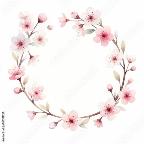 cherry blossom themed frame or border for photos and text. watercolor illustration, Perfect for nursery art, simple clipart, single object, white color background. Frame for Wedding invitation.