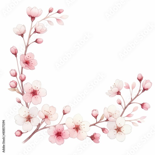 cherry blossom themed frame or border for photos and text. watercolor illustration  Perfect for nursery art  simple clipart  single object  white color background. Frame for Wedding invitation.