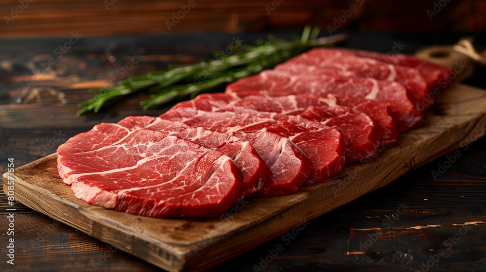 thinly sliced ​​meat displayed beautifully on a wooden cutting board, with tempting pieces of meat, Ai Generated Images