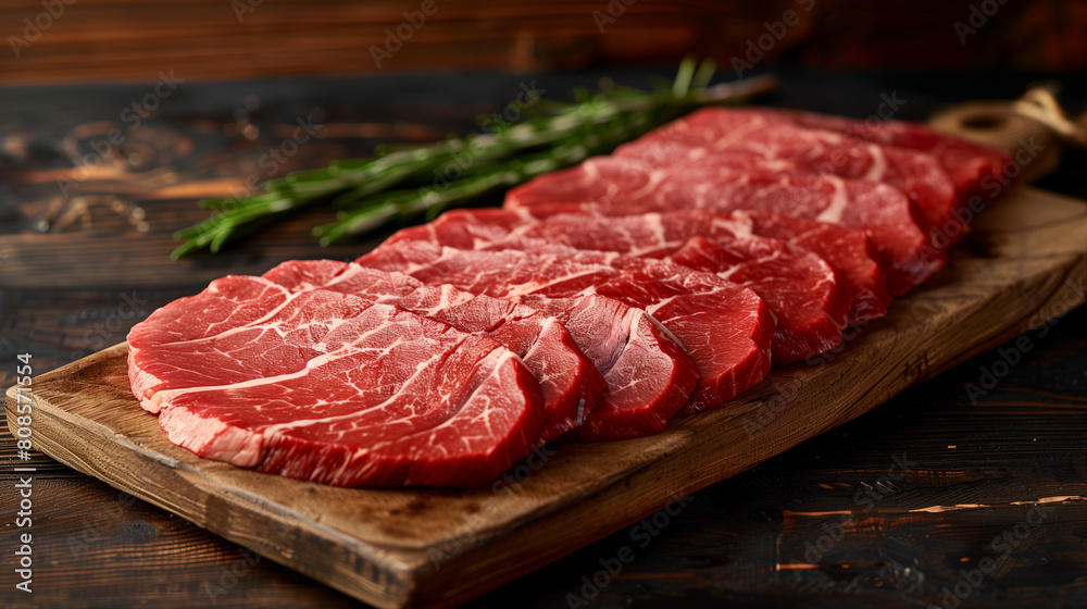 thinly sliced meat displayed beautifully on a wooden cutting board, with tempting pieces of meat, Ai Generated Images thinly sliced meat displayed beautifully on a wooden cutting board, with tempting pieces of meat, Ai Generated Images