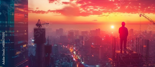 Against a pixelated, neoninfused sunset in a futuristic cityscape, a construction worker stands overlooking a site with cranes, representing urban development 8K , high-resolution, ultra HD,up32K HD photo