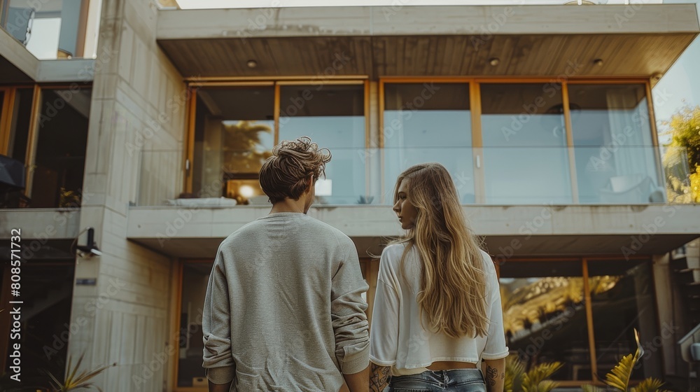Fototapeta premium A young married couple, with their backs turned, looking at a house to rent, the house that is minimalist, modern style. Generative AI.