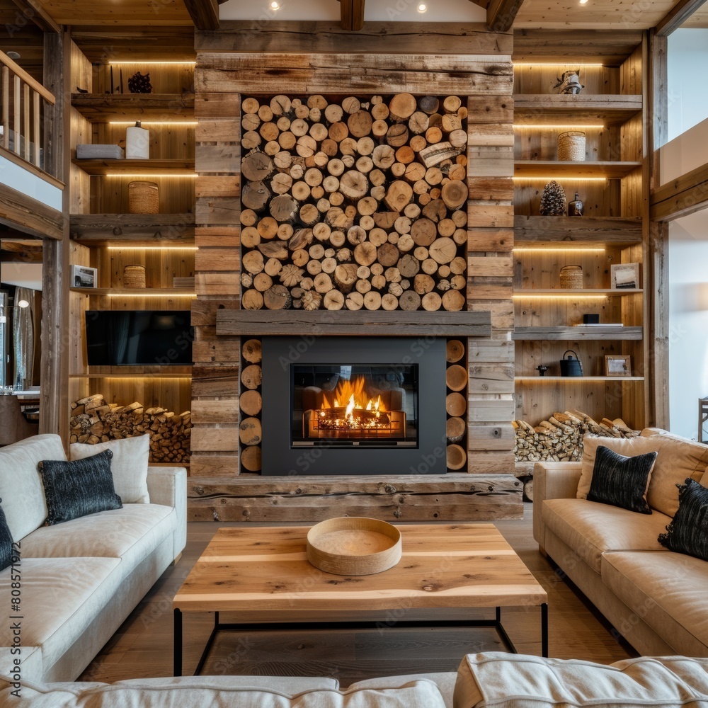 Detailed view of fireplace with crackling flames in chic contemporary chalet interior