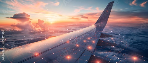 An aircraft wing with embedded IoT sensors is showcased in a closeup, with a sky backdrop, highlighting the importance of safety and timely maintenance in aviation photo