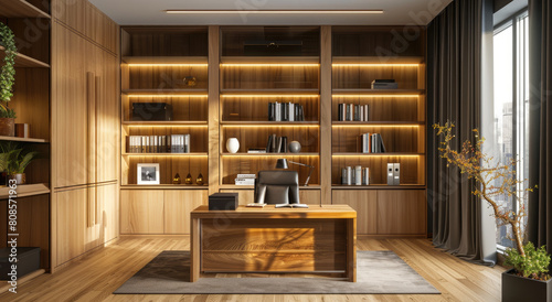 Design an office with a modern and elegant style, featuring an oak wood desk, cabinet bookshelves on the wall with LED lighting under each shelf for illumination
