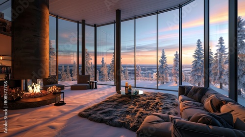 A luxurious living room with floor-to-ceiling windows that provide an uninterrupted view of a snowy landscape, featuring a warm fur rug, a sleek modern fireplace, and comfortable, stylish seating