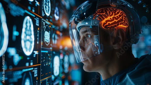 A sharp and clear image captures an intense moment as researchers monitor brain activity via a seamless interface, showcasing the potential of direct mind control over digital devices 8K , high-resolu photo