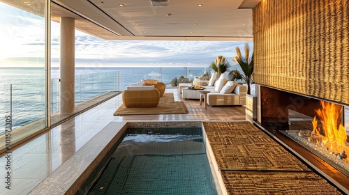 A luxury living room with a glass-bottomed balcony overlooking the ocean  a sleek ethanol fireplace  and a woven seagrass wall panel