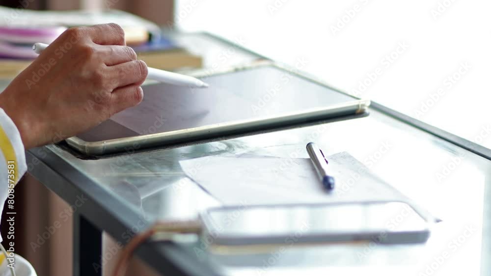 Working with tablet, close up view Working with tablet, close up view