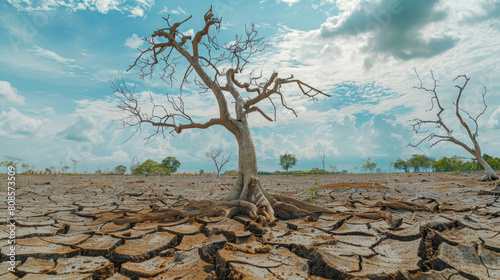 Dead trees on dry cracked earth metaphor Drought  Water crisis and World Climate change
