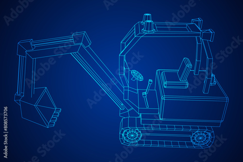 Heavy equipment excavator machine manufacturing power equipment for open pit mining. Wireframe low poly mesh vector illustration