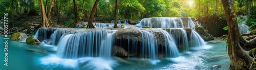 Cascade of Tranquility  Capturing the Beauty of a Panoramic Deep Forest Waterfall