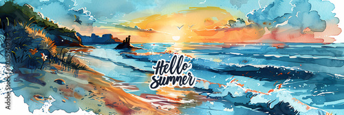 Hello summer watercolor illustration with beach and ocean. Artistic seaside sunset with text overlay. Summer vacation and travel concept. Design for greeting card, postcard, poster, invitation. photo