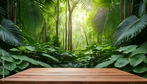 wooden podium nestled within a lush tropical forest  serving as an ideal setting for product presentation against a backdrop of vibrant green foliage texture mock up background