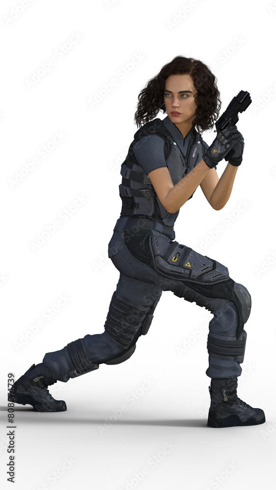 Futuristic soldier woman wielding a handgun