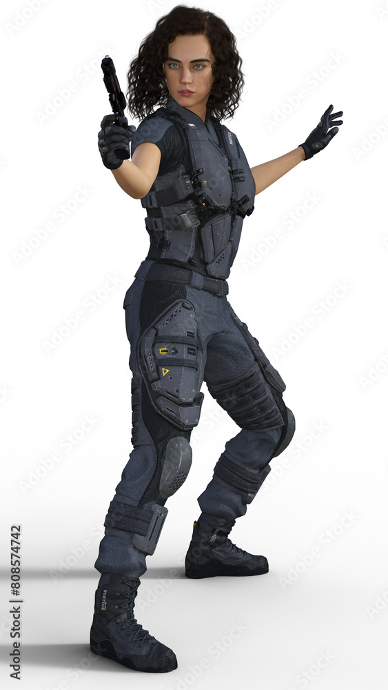 Gorgeous woman wearing futuristic armor aiming a gun Gorgeous woman wearing futuristic armor aiming a gun