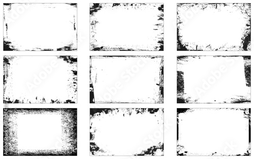 9 grunge border frames isolated on white background. Carefully named and placed in layers panel. Easy to select and edit.