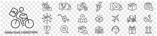 Delivery icon set. tracking, Delivery service, Shipping, scooter, truck, warehouse, courier, cargo, icons. Editable stroke icons vector collection illustration.