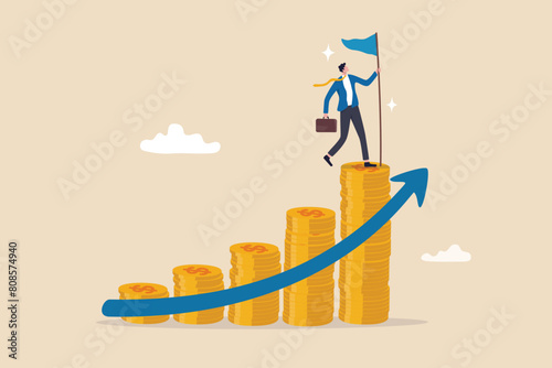 Financial success, profit or compound interest to grow investment fund and reach goal, income or wealth accumulation, stock market earning concept, businessman holding success flag on money stack.