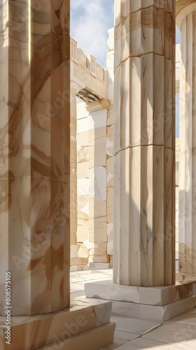 Explore the play of light and shadow on the marble columns of the Propylaea entrance to the Acropolis   super realistic