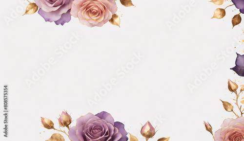 Pink, purple, gold roses and rose petals on white background with copy space for text. Golden alcohol ink watercolor floral bloom banner for Mother’s Day or mauve wedding stationery