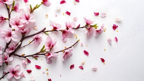 Cherry Blossom Petals Scattered on White Backdrop