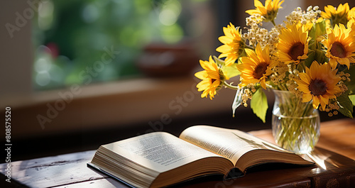 Still life with a vase of sunflowers and books next to the window.Horizontal.Horizontal photography of sunflower vase arrangement with copyspace.for Advertising design.