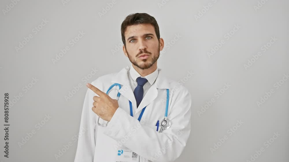 Surprised young hispanic male doctor points in amazement! wearing stethoscope, he opens his mouth wide with a fun expression. immersed in joy, isolated on a white wall, he looks great.