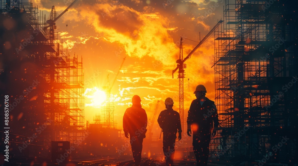 Workers in hard hats busy on a construction project, abstract  , background