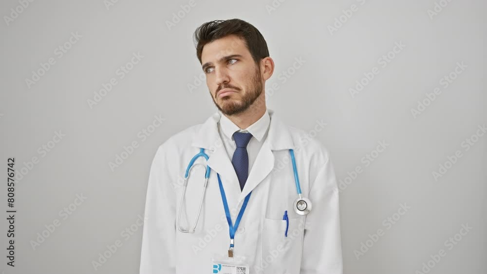 Depressed and stress-ridden young hispanic man wearing stethoscope, showing sad expression, crying in anger and worry, isolated on white background Depressed and stress-ridden young hispanic man wearing stethoscope, showing sad expression, crying in anger and worry, isolated on white background