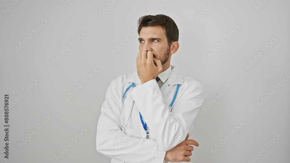 Worried young hispanic man with stethoscope examining anxiety, isolated white background Worried young hispanic man with stethoscope examining anxiety, isolated white background