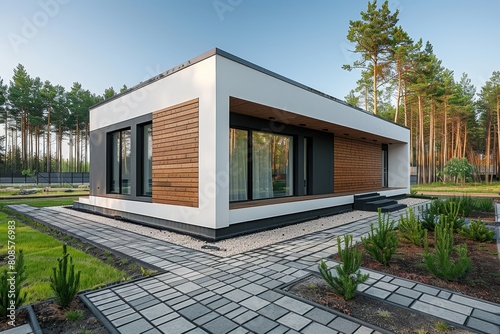Modern minimalist cubic house harmoniously integrated into serene forest setting