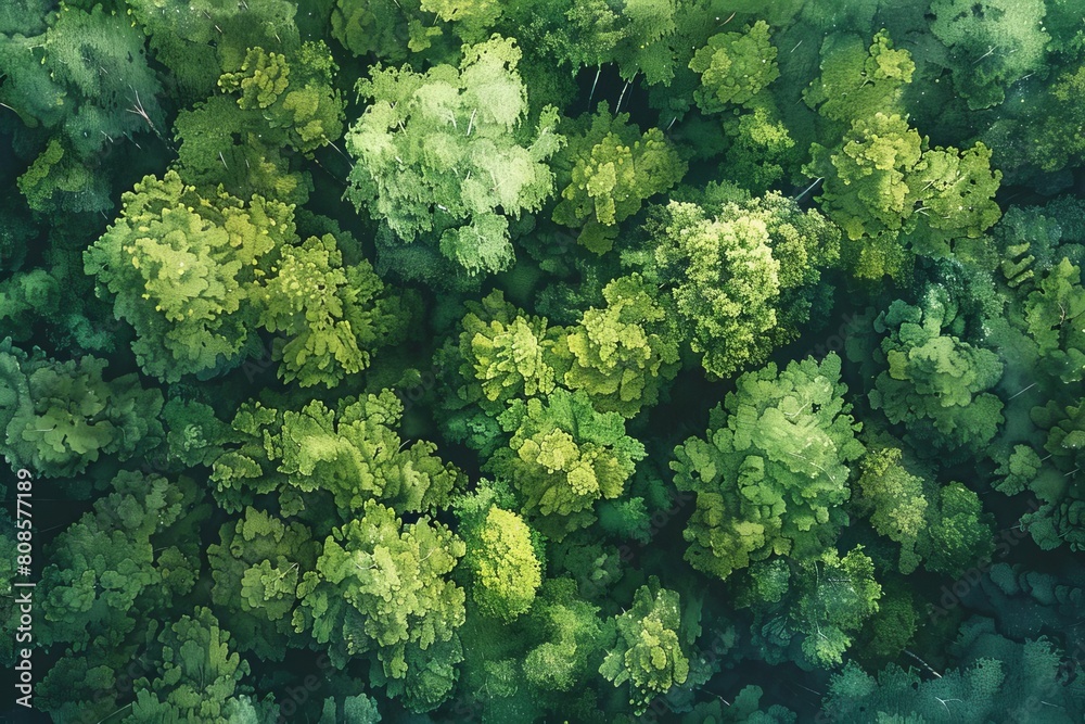 Aerial top view of summer green trees in forest in rural Finland Drone photography