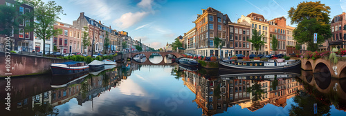 Enchanting View of Utrecht Canal with Boats, Historic Buildings, and Pedestrian Bridge Against Blue Sky photo
