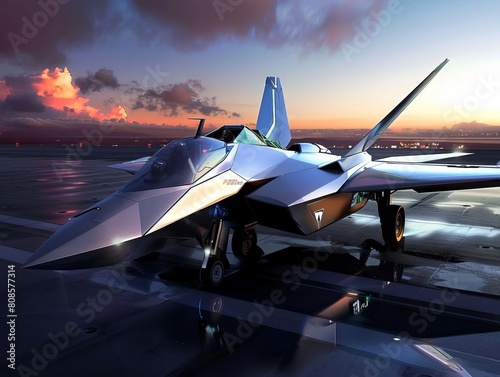 A modern fighter jet gleaming in the last light of day , Futuristic , Cyberpunk