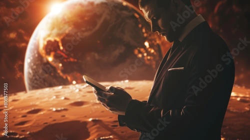Businessman using mobile phone. Mars. Global internet connection technology. and digital marketing Finance and Banking