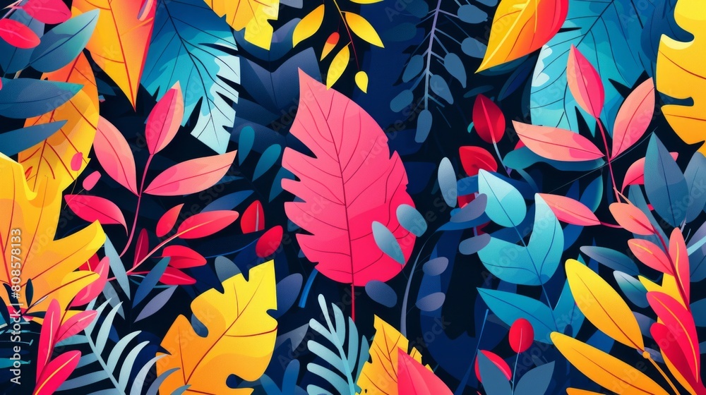 A symphony of color with vivid plant shapes intermingling with playful geometry A symphony of color with vivid plant shapes intermingling with playful geometry