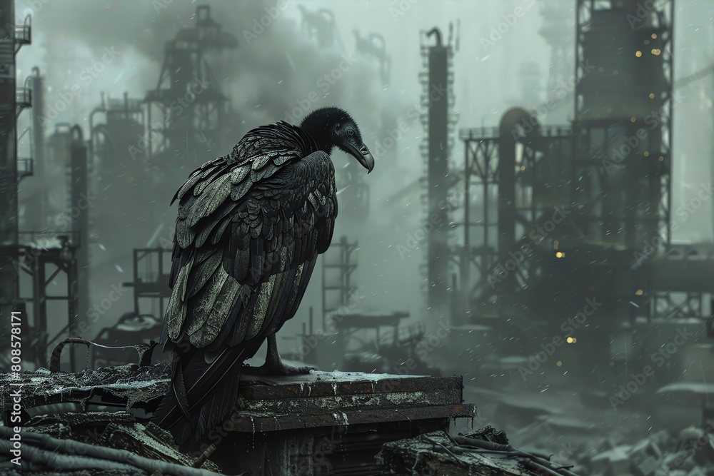 Fototapeta premium A digital collage featuring a vulture perched ominously in a desolate, industrial background