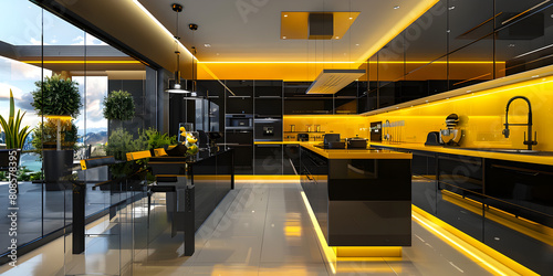 Stylish and modern kitchen with glass doors and lighting, Black realistic kitchen villa from a massive building. 

