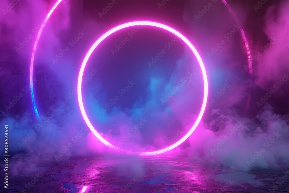 3d render, abstract background, round portal, pink blue neon lights, virtual reality, circles, energy source, glowing rings, blank space, frame, ultraviolet spectrum, laser show, smoke, fog, ground 3d render, abstract background, round portal, pink blue neon lights, virtual reality, circles, energy source, glowing rings, blank space, frame, ultraviolet spectrum, laser show, smoke, fog, ground
