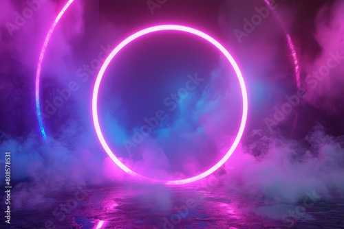 3d render  abstract background  round portal  pink blue neon lights  virtual reality  circles  energy source  glowing rings  blank space  frame  ultraviolet spectrum  laser show  smoke  fog  ground