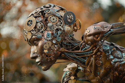 An artistic sculpture of a sprinter with a head made of assorted mechanical gears  - Generative AI © lilyl