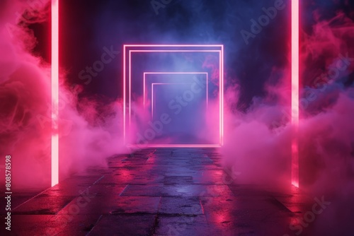 3d render, abstract background, square portal, red neon lights, virtual reality, glowing lines, pink blue, ultraviolet spectrum, laser show, smoke, fog, terrain, ground