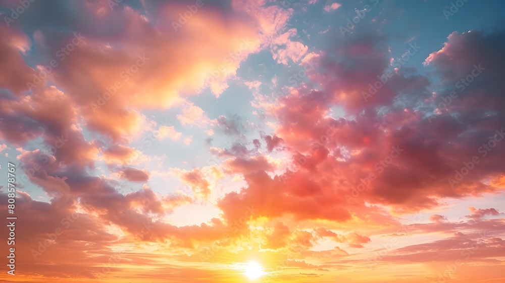 A stunning sunset with vibrant orange, pink, and blue clouds filling the sky, creating a dramatic and awe-inspiring view. A stunning sunset with vibrant orange, pink, and blue clouds filling the sky, creating a dramatic and awe-inspiring view.