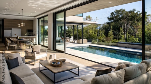 A modern living room with floor-to-ceiling retractable glass walls that open to a poolside terrace
