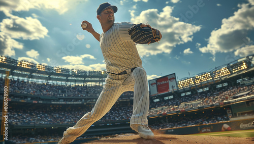 A baseball pitcher throwing the ball, with a crowded stadium in the background. Generative AI. photo