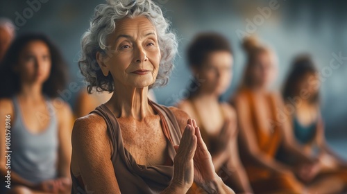 A serene and beautiful senior woman with gray hair is sitting in the center of a yoga classroom surrounded by other people doing poses.