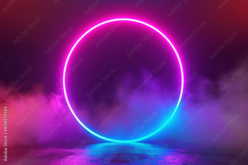 3d render, colorful neon lights, sparkling round frame, blank space for text, ultraviolet spectrum, ring symbol, halo, isolated on blank background