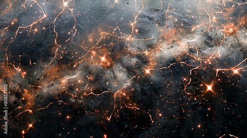 High resolution satellite map of the Milky Way galaxy with many stars and glowing orange lines connecting them to distant galaxies. A dark background photo
