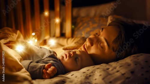 Newborn baby sleeping with his mother in bed, night lights and a warm atmosphere